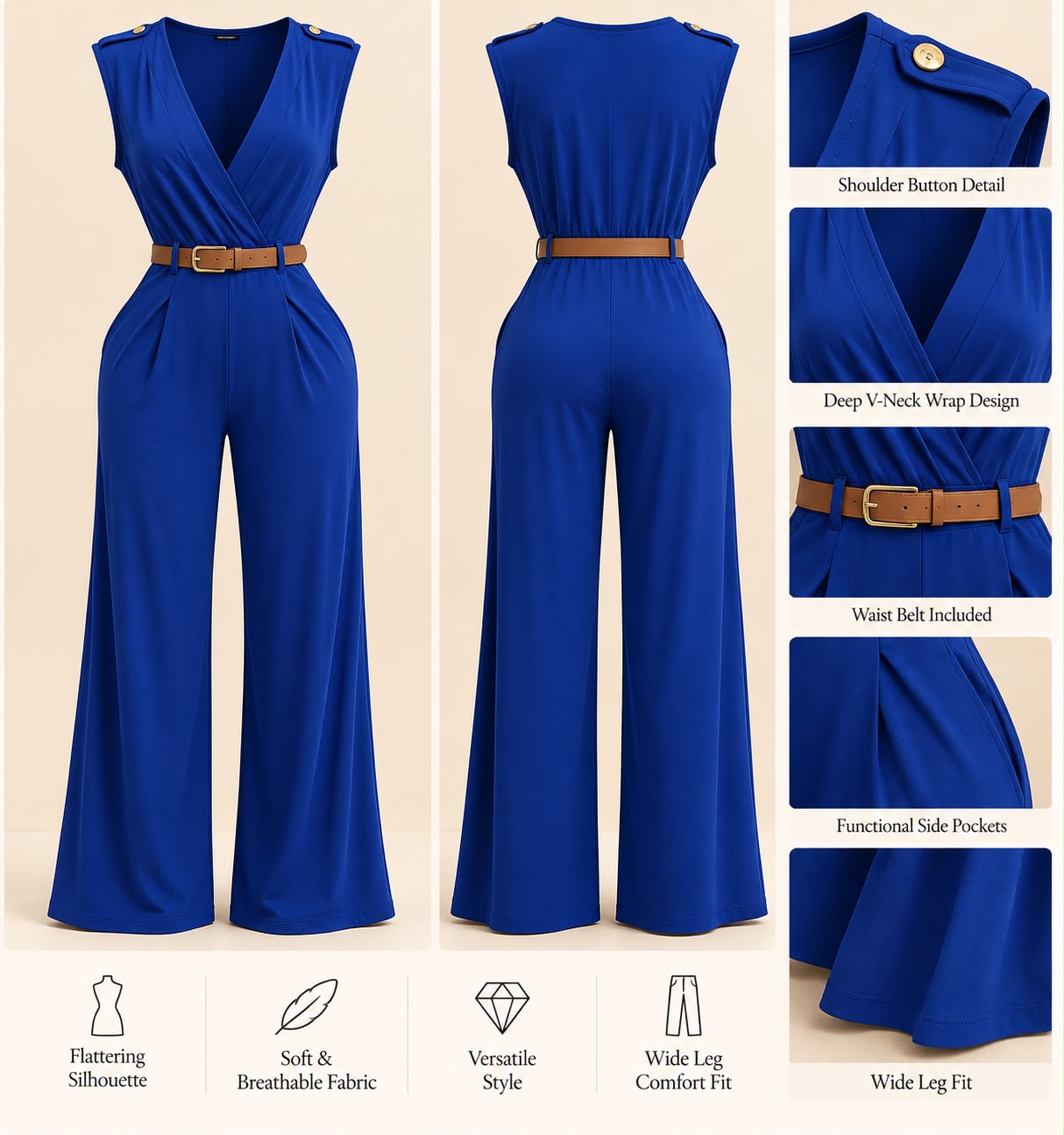 Sleeveless V Neck jumpsuit - Royal Blue