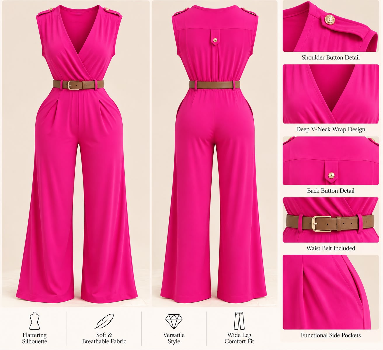 Sleeveless V Neck jumpsuit - Pink